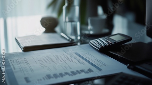 Professional Workspace: Business Documents, Calculator and Office Supplies