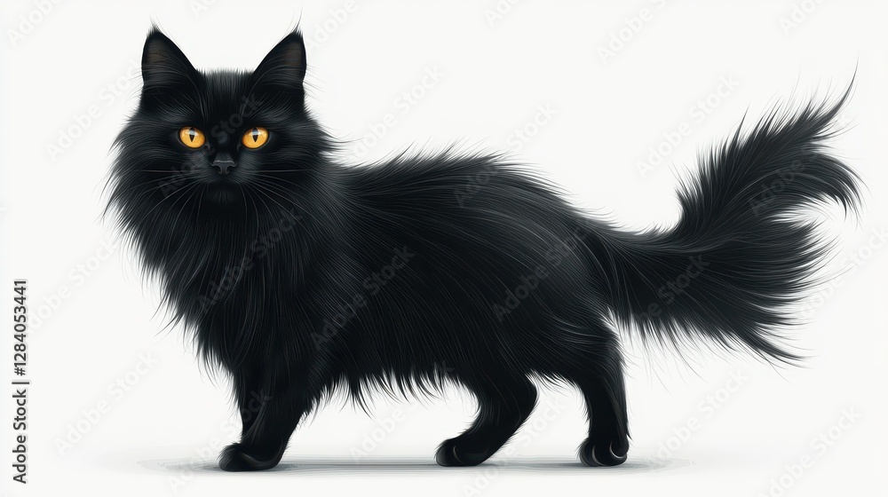 Fluffy black cat with lush tail and striking yellow eyes on white background Fluffy black cat with lush tail and striking yellow eyes on white background