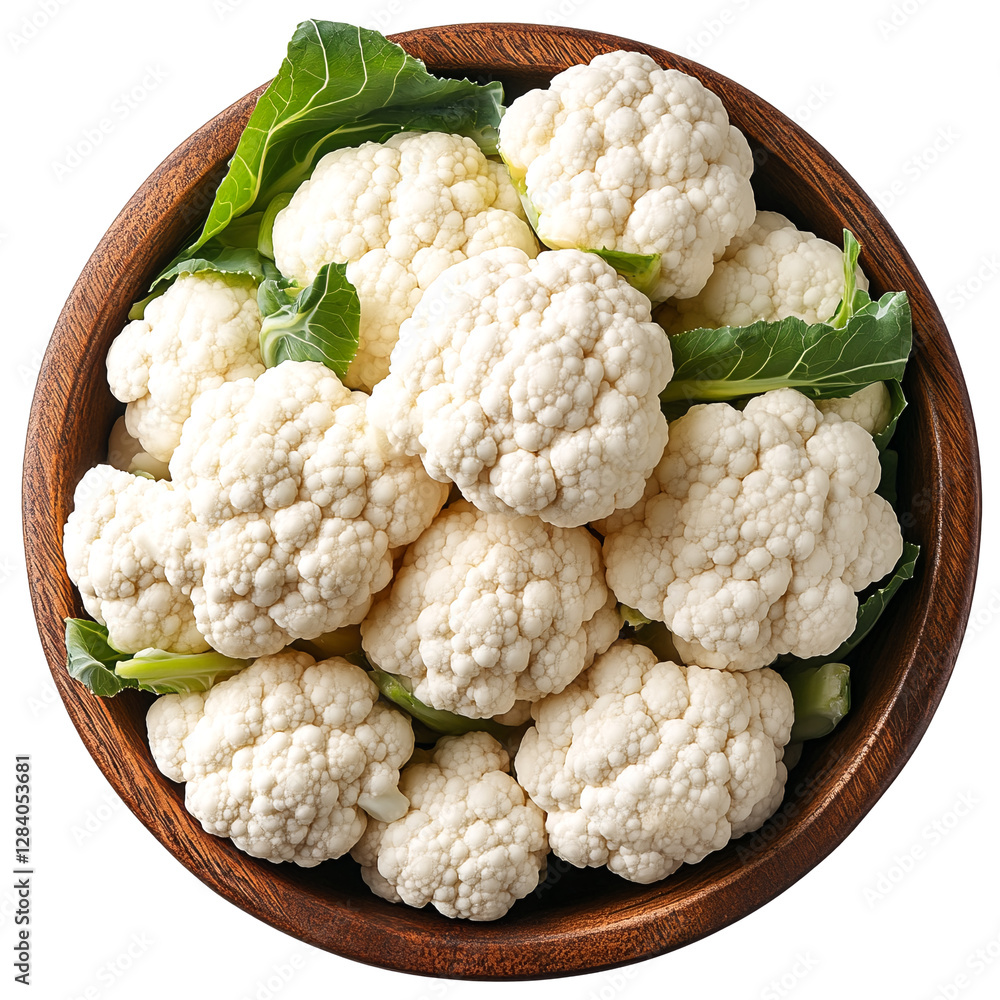 A bowl filled with cauliflower florets and green leaves. A bowl filled with cauliflower florets and green leaves.