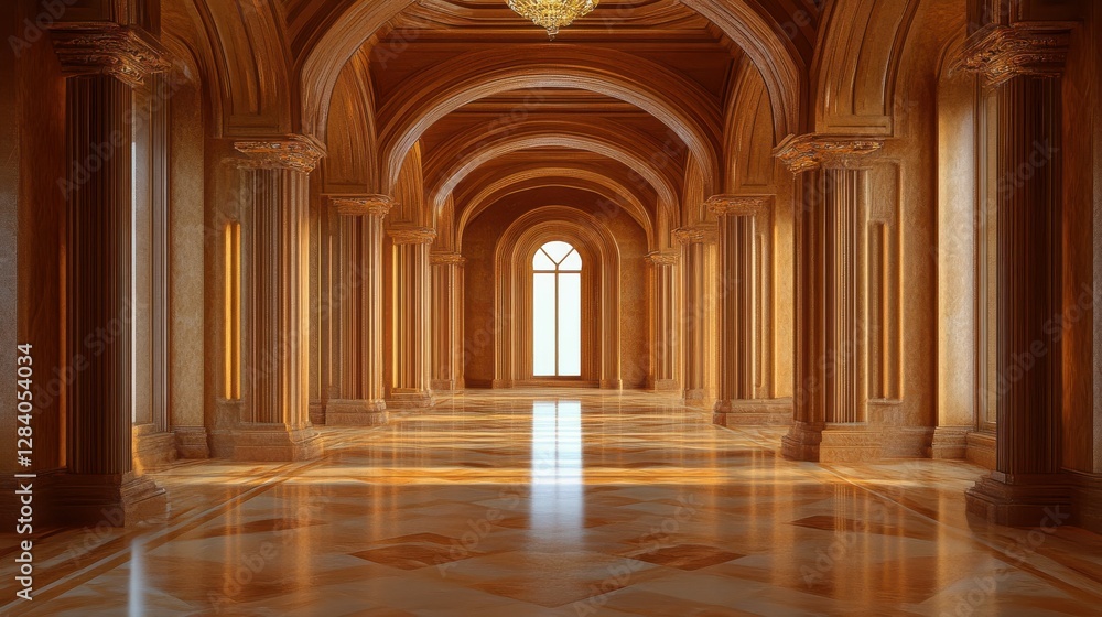 Majestic sunlit hallway with arched architecture and ornate columns Majestic sunlit hallway with arched architecture and ornate columns