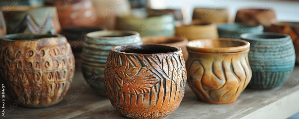 Assorted handcrafted ceramic cups with intricate designs on display in artisan workshop Assorted handcrafted ceramic cups with intricate designs on display in artisan workshop