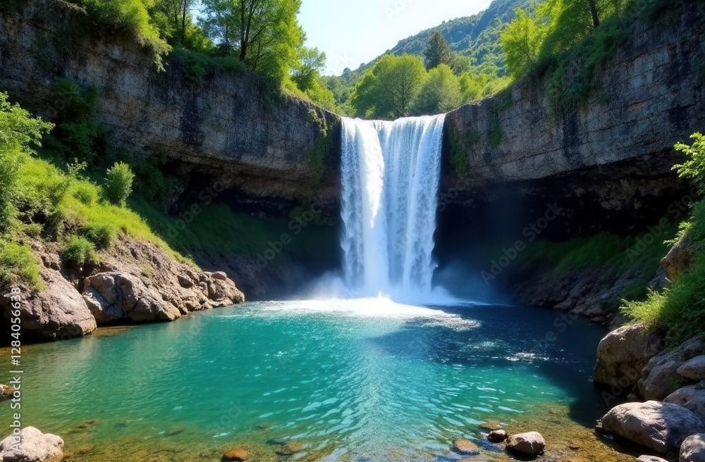 Fototapeta premium Majestic waterfall cascading into pristine turquoise pool amidst lush greenery
