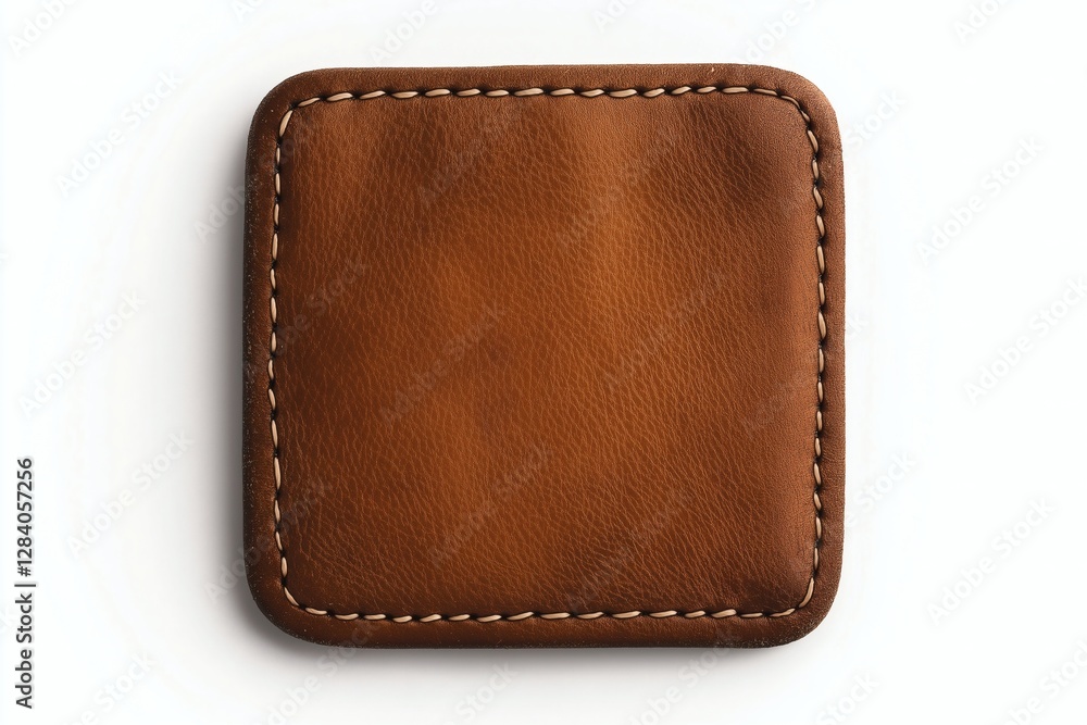 Brown Leather Square with Rounded Corners and White Seam Stitching Highlighting Textured Surface and Craftsmanship Detail in Leatherworking Brown Leather Square with Rounded Corners and White Seam Stitching Highlighting Textured Surface and Craftsmanship Detail in Leatherworking