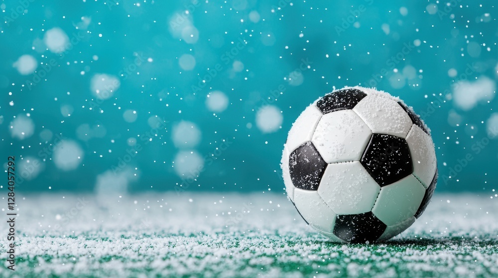 Snowy Soccer Ball on Field with Soft Snowflakes Falling Down Snowy Soccer Ball on Field with Soft Snowflakes Falling Down