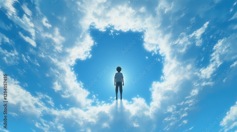 A solitary figure is surrounded by white clouds, bathed in bright sunlight against a vivid blue sky. This scene evokes feelings of serenity and contemplation during daylight A solitary figure is surrounded by white clouds, bathed in bright sunlight against a vivid blue sky. This scene evokes feelings of serenity and contemplation during daylight