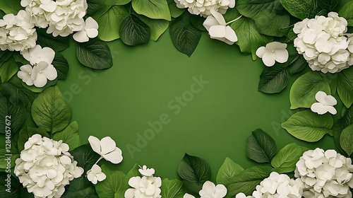 White Hydrangea and Lush Green Leaves Flat Lay AI Generated