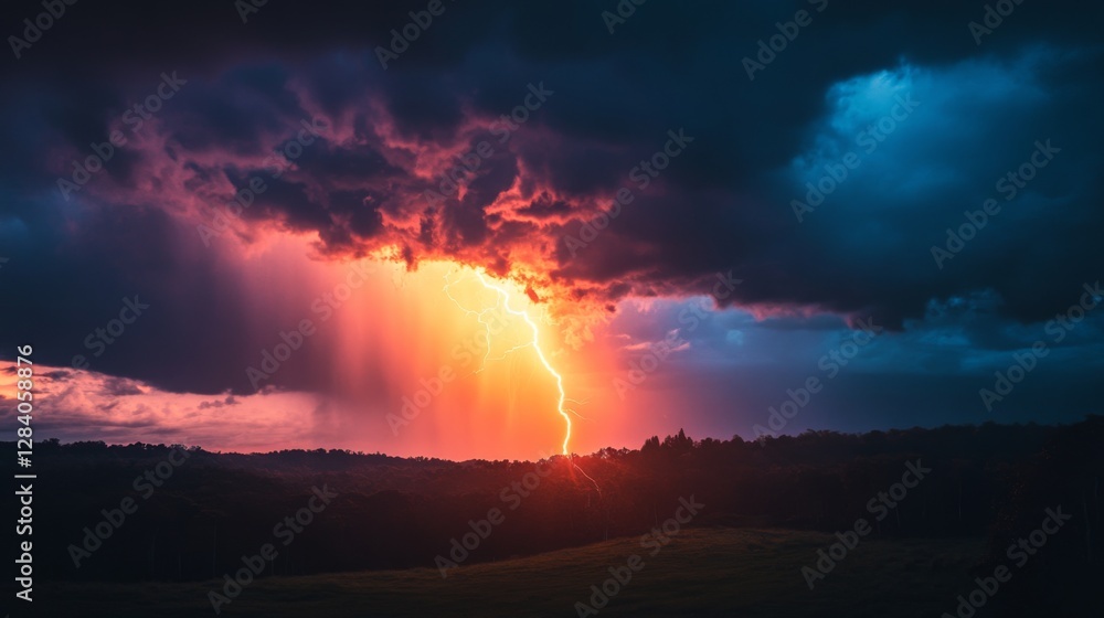 Fototapeta premium A breathtaking landscape showcasing the power of nature. Lightning crackles through the sky. Dark clouds contrast against vibrant colors. Generative AI