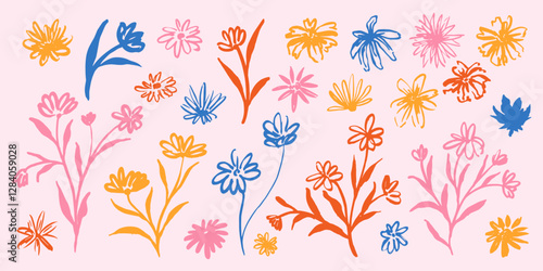 Wallpaper Mural Hand drawn flowers, leaves, plants. Cute floral simple doodle botanical art. Flowers, leaves, greenery drawings. Spring, summer  blosooms. Torontodigital.ca