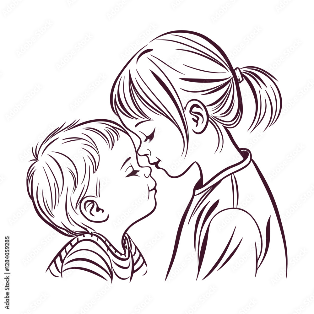 A sister is cuddling and kissing her little brother Line art vector design A sister is cuddling and kissing her little brother Line art vector design