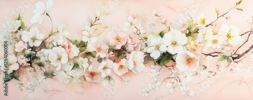 Watercolor cherry blossoms on soft pink background featuring delicate floral arrangements photo