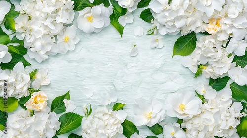 White Flowers and Green Leaves Flat Lay: Spring Floral Frame on Pastel Background AI Generated