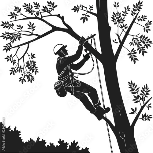 A tree surgeon is climbing a tree and cutting it with a tree-cutting machine silhouette line art design