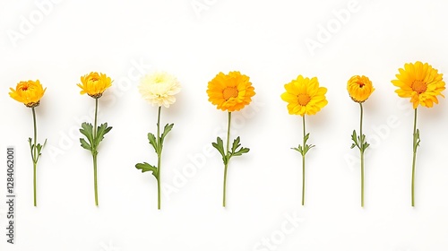 Yellow and White Flowers in a Row: Flatlay Photography AI Generated