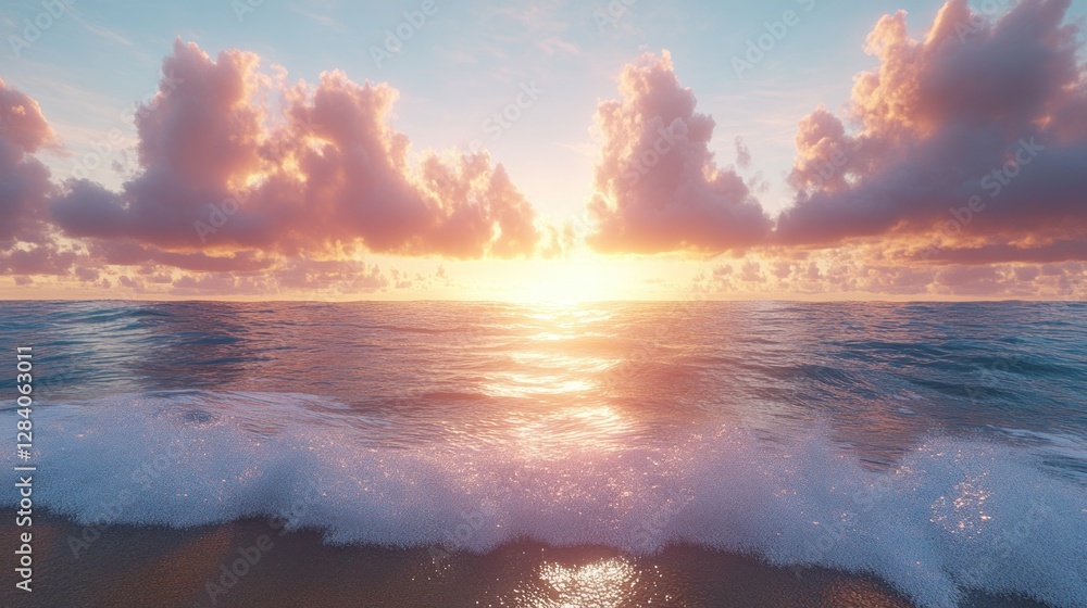 Fototapeta premium Ocean sunrise with vibrant cloudscape, tranquil waves on beach
