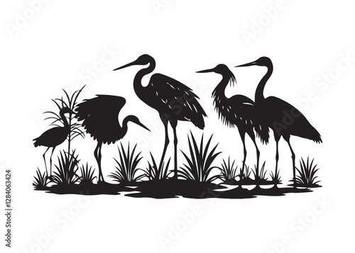 Black silhouette heron set, bird icons, wetland animals, grass landscape
