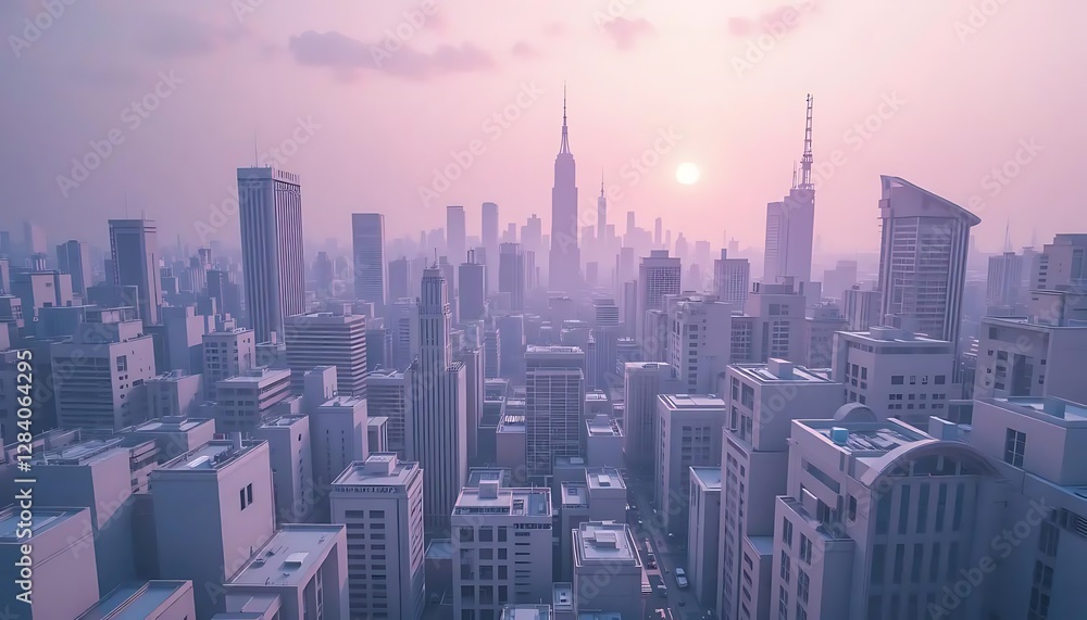 Obraz premium Urban Cityscape at Sunset with Soft Light and Skyline View of Modern Architecture and Tall Buildings