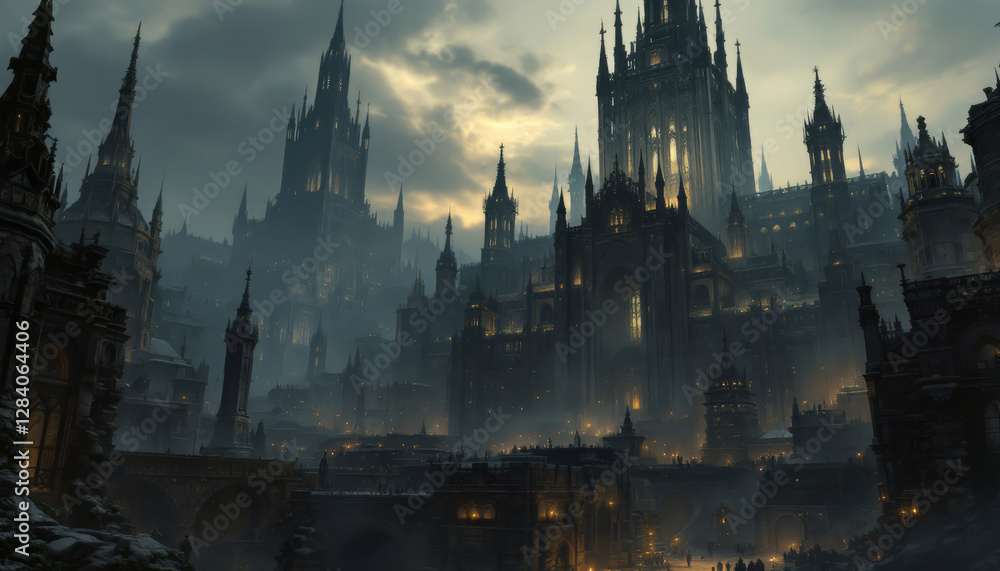 Fototapeta premium Gothic cityscape with towering spires emerges from a misty veil