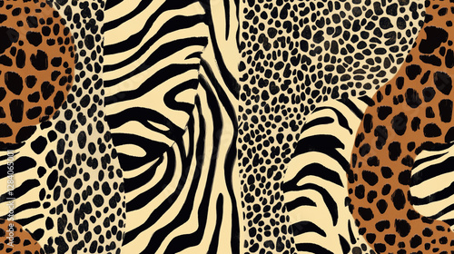 animal print pattern featuring zebra stripes, leopard spots, and snakeskin textures