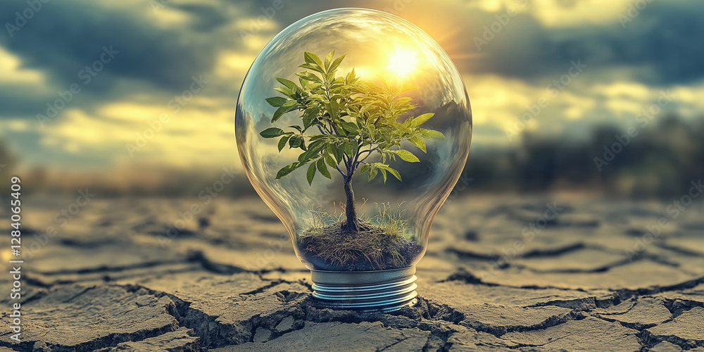 custom made wallpaper toronto digitalSustainable energy concept: tree growing inside lightbulb amidst cracked earth landscape