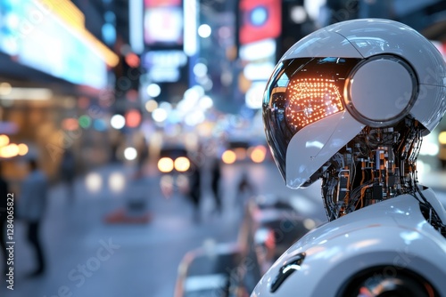 A humanoid robot stands illuminated within a busy urban setting at night, symbolizing the integration of technology in everyday life, surrounded by vibrant city lights.