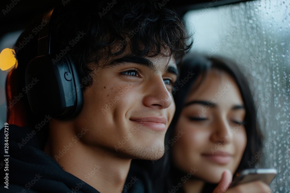 Fototapeta premium A young couple listens to music together while relaxing inside a car, creating a cozy and intimate atmosphere amidst the rain outside their window.