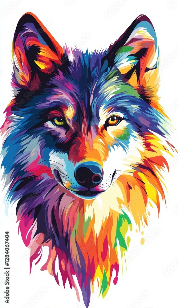 Naklejka premium Colorful Wolf Portrait with Vibrant Hues of Blue Purple Red Yellow and Green Artistic Rendering