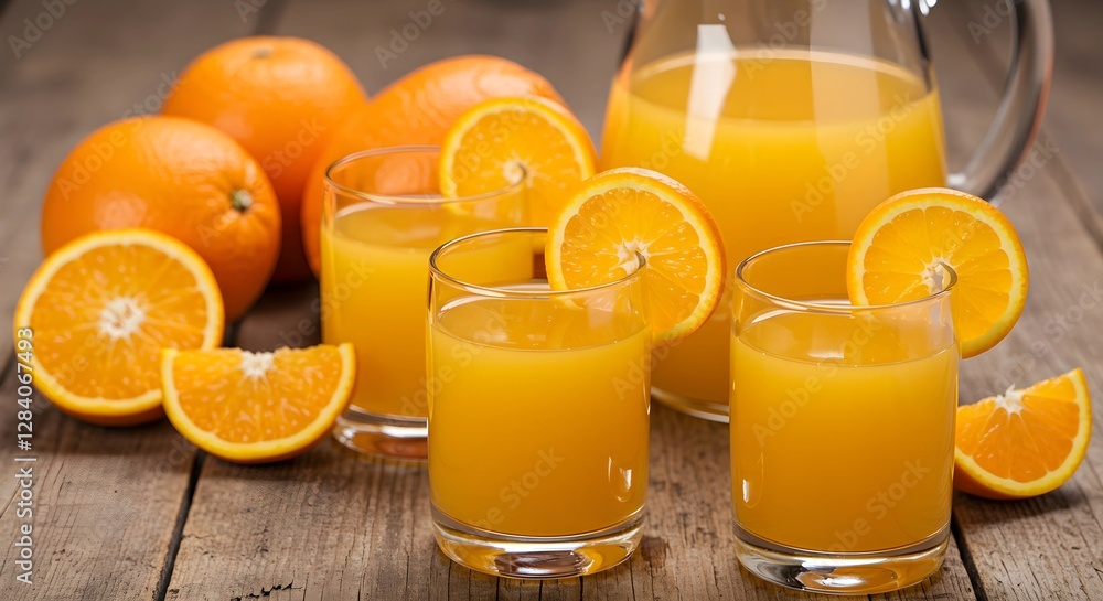 a visually appealing arrangement of fresh orange juice in multiple transparent glasses, each adorned with a circular slice of orange on the rim. The glasses are placed on a rustic wooden surface. a visually appealing arrangement of fresh orange juice in multiple transparent glasses, each adorned with a circular slice of orange on the rim. The glasses are placed on a rustic wooden surface.