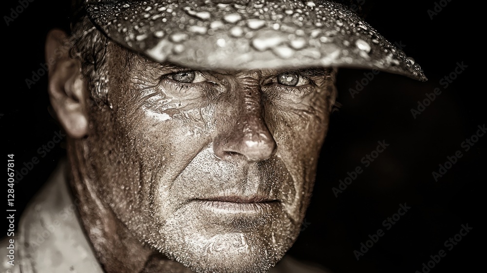 A man wearing a hat with a wet face, exuding a refreshing and invigorating postrain vibe outdoors A man wearing a hat with a wet face, exuding a refreshing and invigorating postrain vibe outdoors