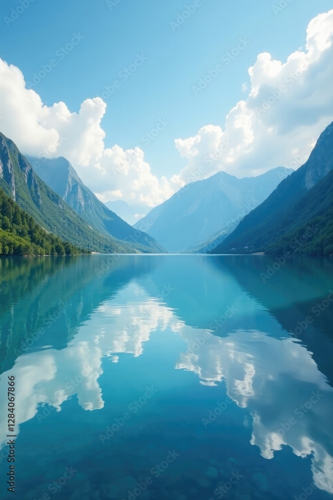 Naklejka premium Soft cloudy sky over a serene lake with surrounding mountains, serene, lake, blue
