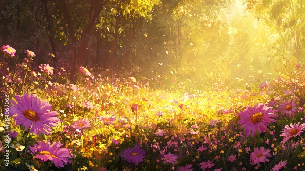 Obraz premium Sunlit meadow, flowers blooming, forest background, idyllic scene, nature wallpaper