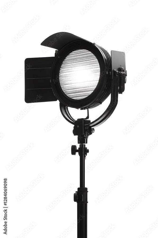Photo of a black cinema light on a stand, isolated on a white background Photo of a black cinema light on a stand, isolated on a white background