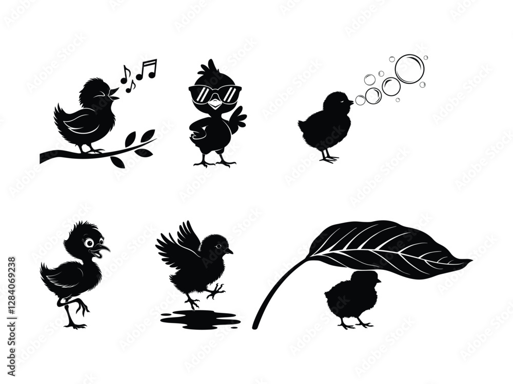 Fototapeta premium Chick Silhouette Set – Easter Baby Birds, Farm Animals, and Hatchlings Vector