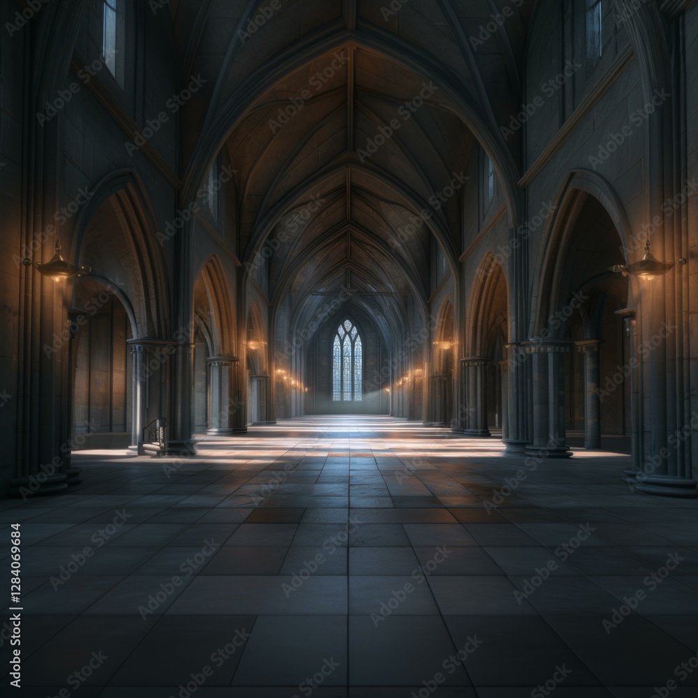 Gothic Architecture Hallway With Arches And Stone Pillars Illuminated By Sunlight Through Window Gothic Architecture Hallway With Arches And Stone Pillars Illuminated By Sunlight Through Window