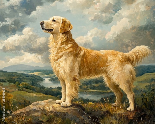 Golden Retriever Standing Proudly Overlooking Rolling Green Hills On Cloudy Day Portrait