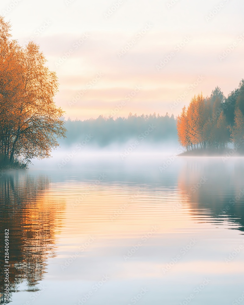 Serene autumn lake with misty reflections. Serene autumn lake with misty reflections.