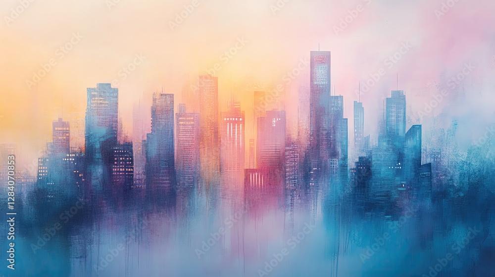 Fototapeta premium Dreamy city skyline with vibrant pastel colors.