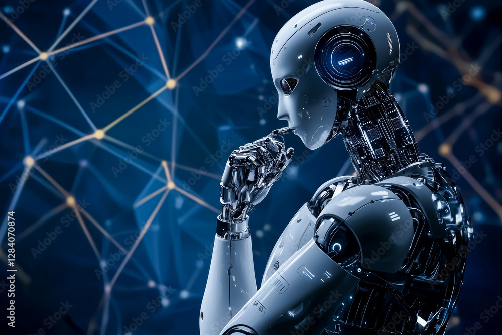 Fototapeta premium Advanced humanoid robot contemplating technology and artificial intelligence in a dark futuristic setting