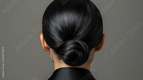 Close-up of a woman's back showcasing sleek black hair styled in a minimalist low chignon, emphasizing modern professional aesthetics