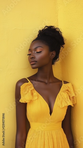 Woman in Yellow Dress Posing Against Vibrant Yellow Wall in a Sunny Outdoor L...