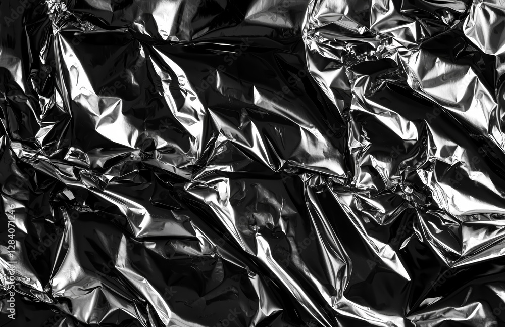 Reflective crumpled metal surface creates striking patterns and textures in black and silver tones Reflective crumpled metal surface creates striking patterns and textures in black and silver tones