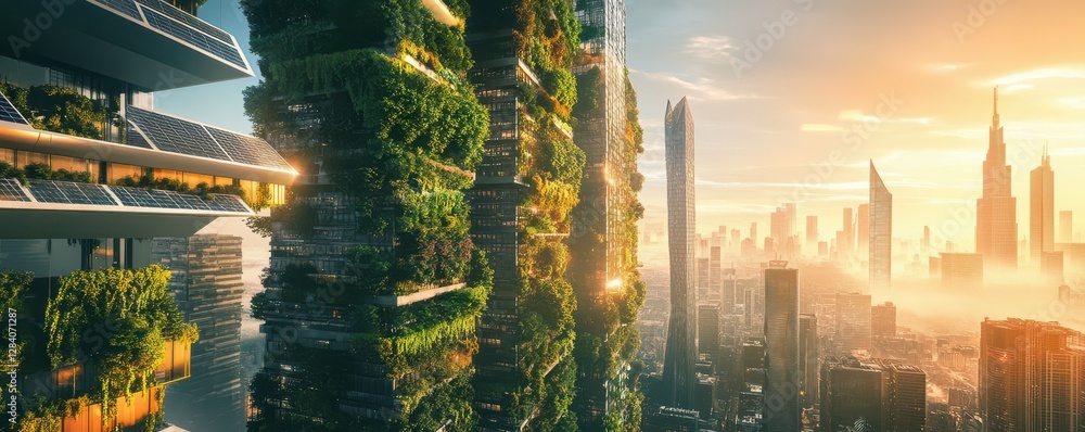 Naklejka premium Futuristic green skyscrapers with solar panels in modern cityscape at sunset