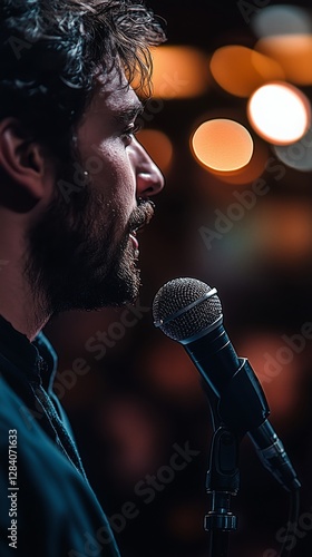 Singer Passionately Performing on Stage at an Outdoor Event in the Evening