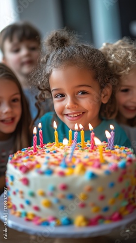 Children Celebrating a Birthday With Cake and Candles During a Festive Evenin...