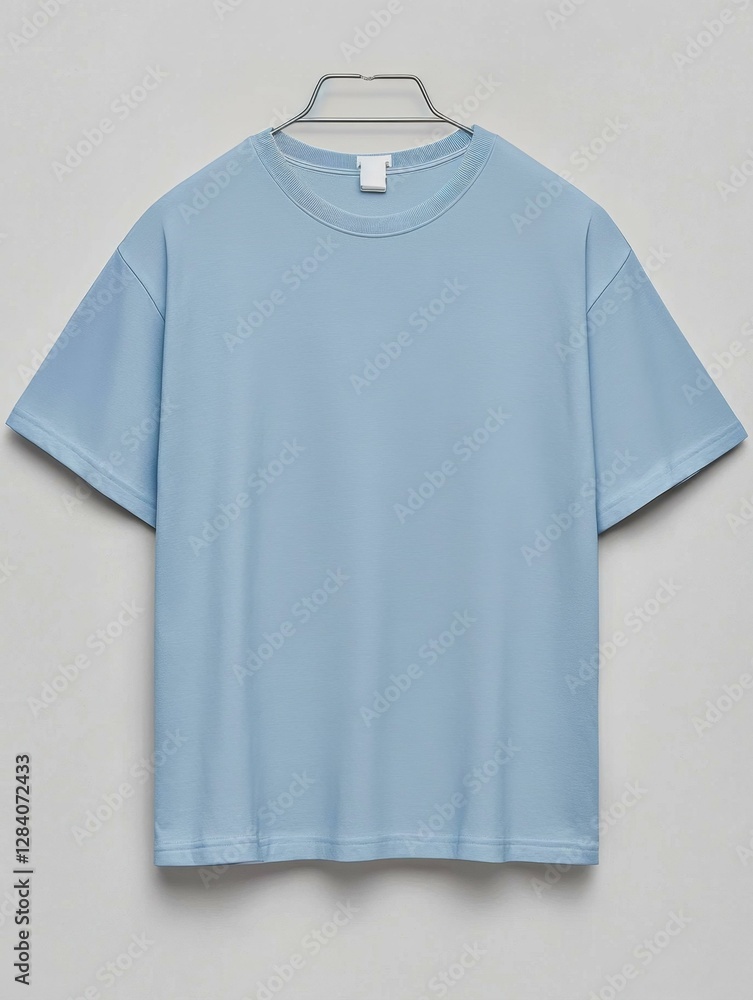 Light Blue Short Sleeve Cotton T Shirt Hanging On Metal Clothes Hanger Against White Background