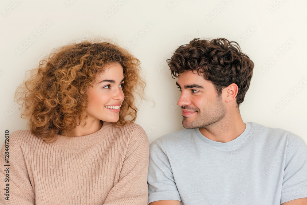 Smiling couple looking at each other in casual wear. Relationship moment Smiling couple looking at each other in casual wear. Relationship moment