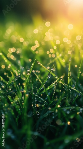 Dew-covered Grass Glistens Under Sunlight in a Serene Outdoor Setting During ...
