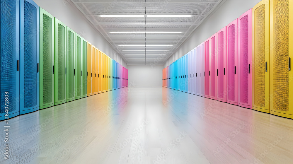 Obraz premium Colorful lockers in a bright hallway; education or storage concept