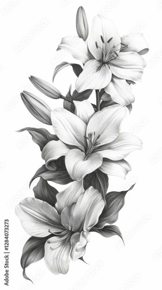 Obraz premium Gray Scale Lilies Grouped Vertically In A Pencil Drawing Style On A White Background