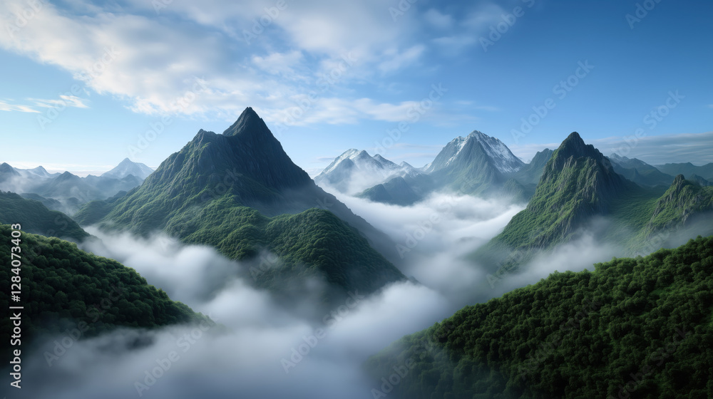 Fototapeta premium Mountains peaks with clouds in valleys. Nature landscape scenery.