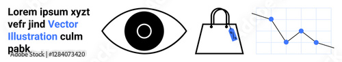 Eye symbol, shopping bag with price tag, and line graph with drops and rises. Ideal for marketing, shopping trends, consumer behavior, data analysis, e-commerce, pricing strategy flat landing page